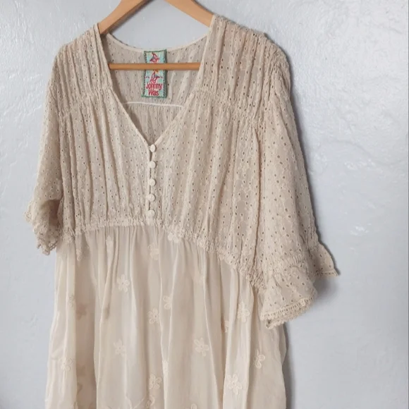 Johnny Was Ambre Midi Dress Embroidery Eyelet Empire Waist Ivory Cream L